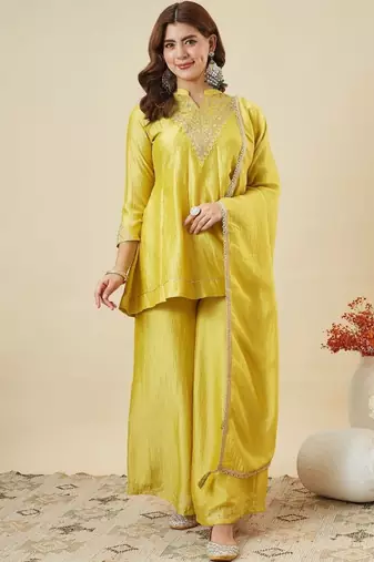 Women's yellow silk blend embroidered kurta set with dupatta and palazzo