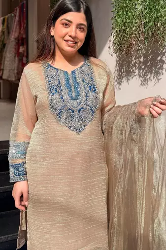 Women's beige silk blend embroidered kurta set with dupatta and palazzo