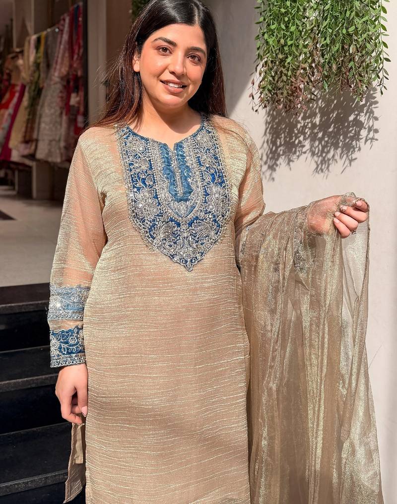 Women's beige silk blend embroidered kurta set with dupatta and palazzo