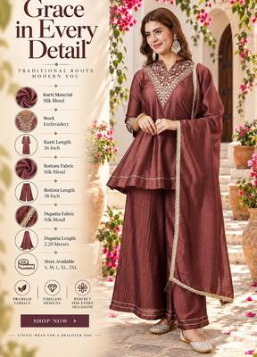 Women's brown silk blend embroidered kurta set with dupatta and palazzo 2