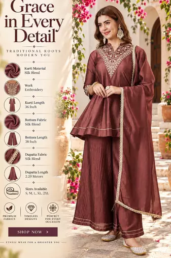 Women's brown silk blend embroidered kurta set with dupatta and palazzo