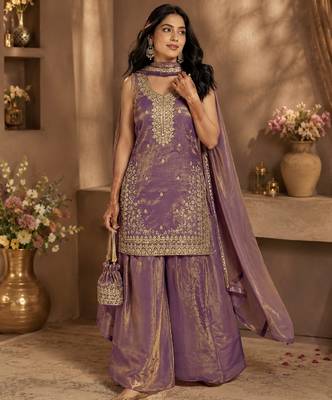 Women's purple silk blend embroidered straight kurta set with dupatta and palazzo 1