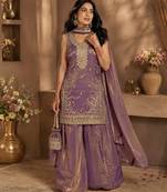 Women's purple silk blend embroidered straight kurta set with dupatta and palazzo