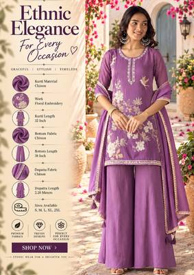 Purple chinon embroidered straight kurta set for women with dupatta and palazzo 2