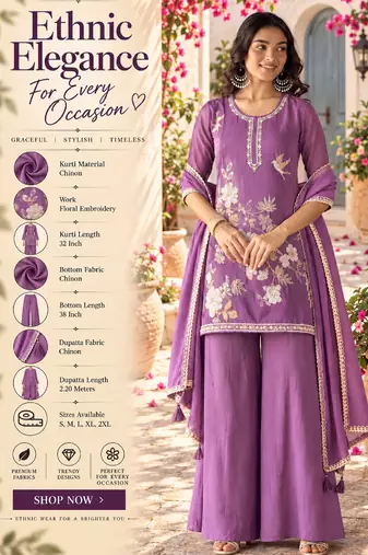Purple chinon embroidered straight kurta set for women with dupatta and palazzo