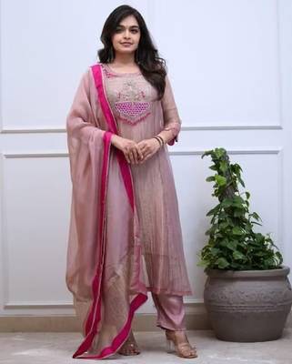 Women's pink silk blend embroidered straight kurta set with dupatta and pant 1