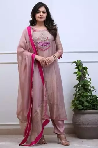 Women's pink silk blend embroidered straight kurta set with dupatta and pant