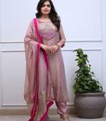Women's pink silk blend embroidered straight kurta set with dupatta and pant