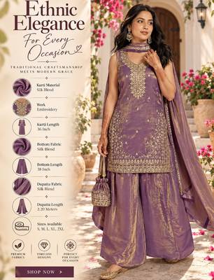 Women's purple silk blend embroidered straight kurta set with dupatta and palazzo 2