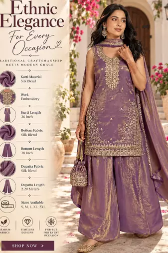 Women's purple silk blend embroidered straight kurta set with dupatta and palazzo