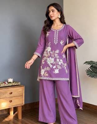 Purple chinon embroidered straight kurta set for women with dupatta and palazzo 3