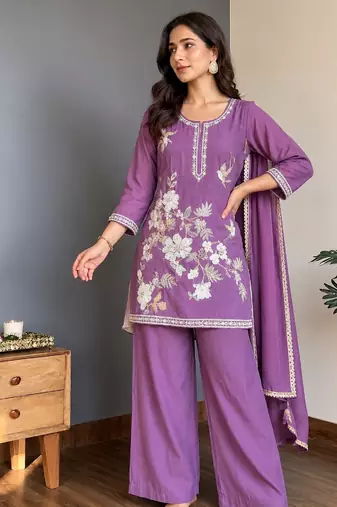 Purple chinon embroidered straight kurta set for women with dupatta and palazzo