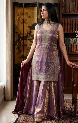 Women's purple silk blend embroidered straight kurta set with dupatta and palazzo 3