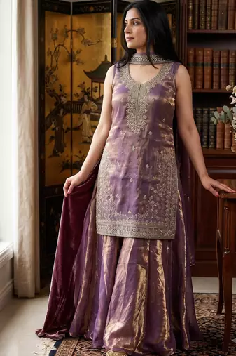 Women's purple silk blend embroidered straight kurta set with dupatta and palazzo