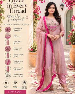 Women's pink silk blend embroidered straight kurta set with dupatta and pant 2