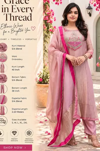 Women's pink silk blend embroidered straight kurta set with dupatta and pant