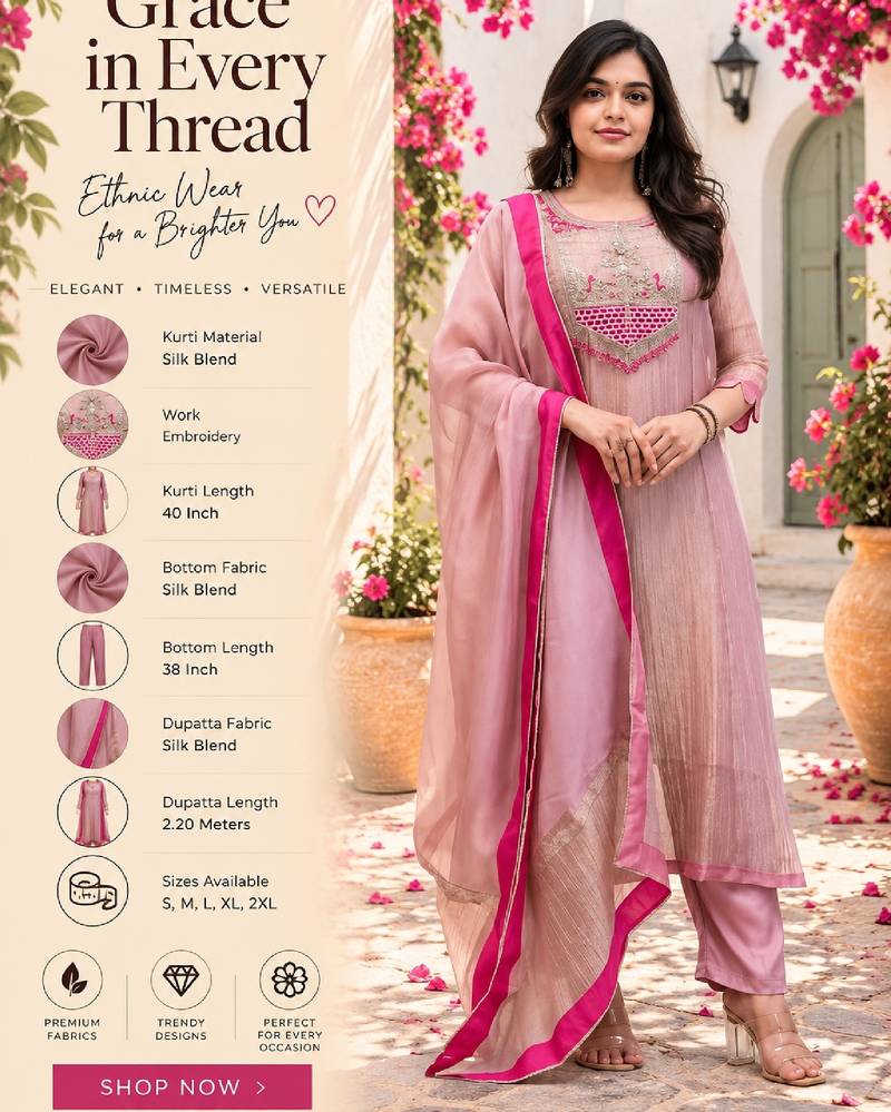 Women's pink silk blend embroidered straight kurta set with dupatta and pant