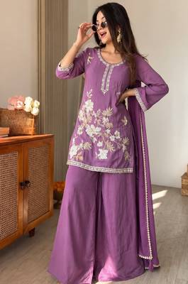 Purple chinon embroidered straight kurta set for women with dupatta and palazzo 4