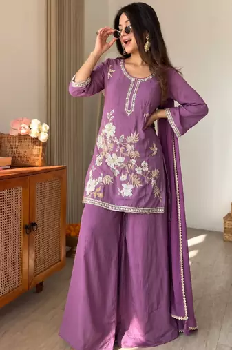 Purple chinon embroidered straight kurta set for women with dupatta and palazzo