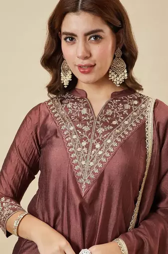 Women's brown silk blend embroidered kurta set with dupatta and palazzo