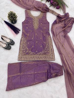 Women's purple silk blend embroidered straight kurta set with dupatta and palazzo 4
