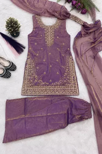 Women's purple silk blend embroidered straight kurta set with dupatta and palazzo