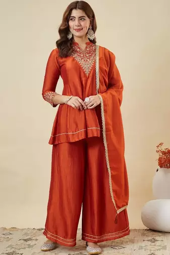 Women's orange silk blend embroidered kurta set with dupatta and palazzo