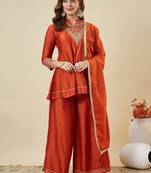 Women's orange silk blend embroidered kurta set with dupatta and palazzo