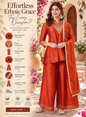Women's orange silk blend embroidered kurta set with dupatta and palazzo 2