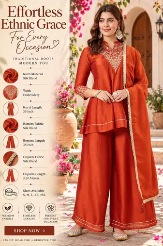 Women's orange silk blend embroidered kurta set with dupatta and palazzo