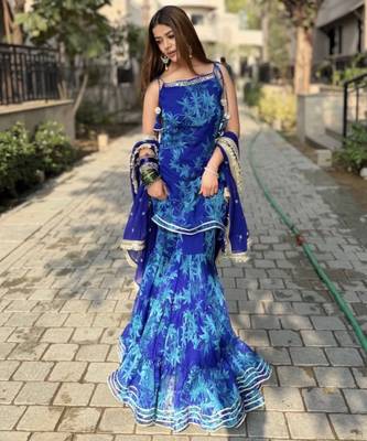 Women's blue georgette printed straight kurta set with dupatta and sharara 1