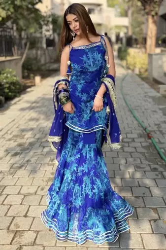 Women's blue georgette printed straight kurta set with dupatta and sharara