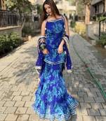 Women's blue georgette printed straight kurta set with dupatta and sharara