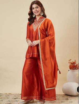 Women's orange silk blend embroidered kurta set with dupatta and palazzo 3