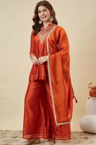 Women's orange silk blend embroidered kurta set with dupatta and palazzo