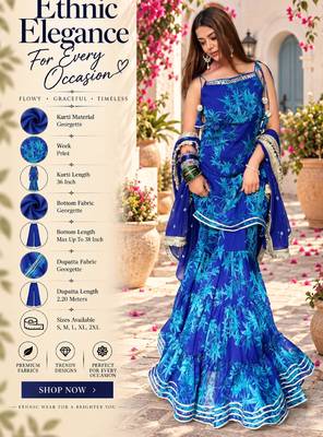 Women's blue georgette printed straight kurta set with dupatta and sharara 2