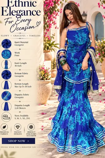 Women's blue georgette printed straight kurta set with dupatta and sharara