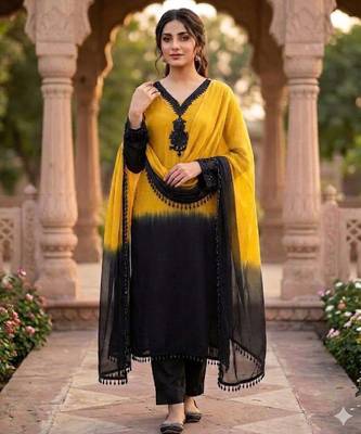 Women's yellow crepe embroidered straight kurta set with dupatta and pant 1
