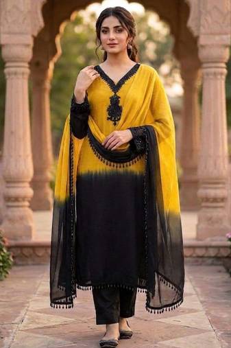 Women's yellow crepe embroidered straight kurta set with dupatta and pant