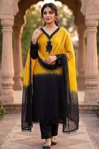 Women's yellow crepe embroidered straight kurta set with dupatta and pant
