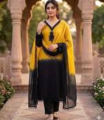 Women's yellow crepe embroidered straight kurta set with dupatta and pant