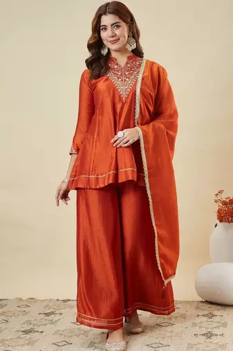 Women's orange silk blend embroidered kurta set with dupatta and palazzo