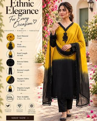 Women's yellow crepe embroidered straight kurta set with dupatta and pant 2