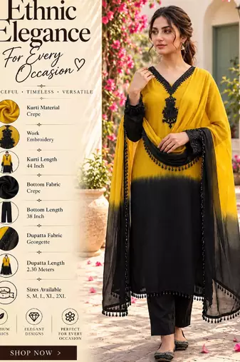 Women's yellow crepe embroidered straight kurta set with dupatta and pant