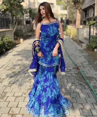 Women's blue georgette printed straight kurta set with dupatta and sharara 3