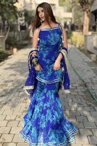 Women's blue georgette printed straight kurta set with dupatta and sharara