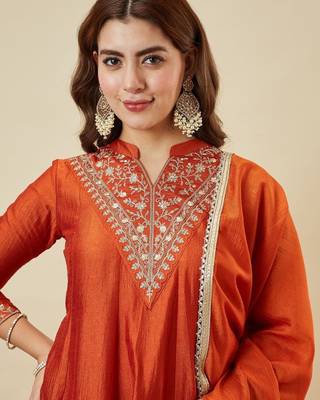 Women's orange silk blend embroidered kurta set with dupatta and palazzo 5