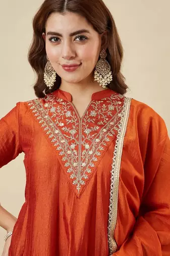 Women's orange silk blend embroidered kurta set with dupatta and palazzo
