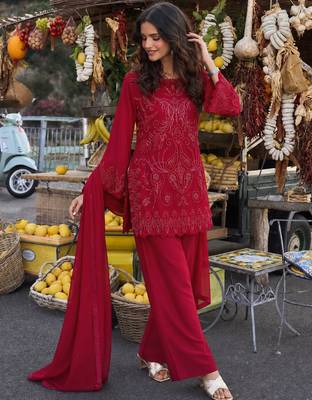 Women's red georgette embroidered straight kurti set with dupatta and pant 1