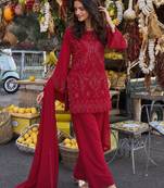 Women's red georgette embroidered straight kurti set with dupatta and pant